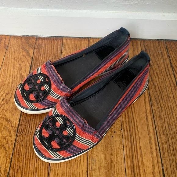 Tory Burch Striped Canvas Slip On Flats Size 5 - Picture 1 of 7